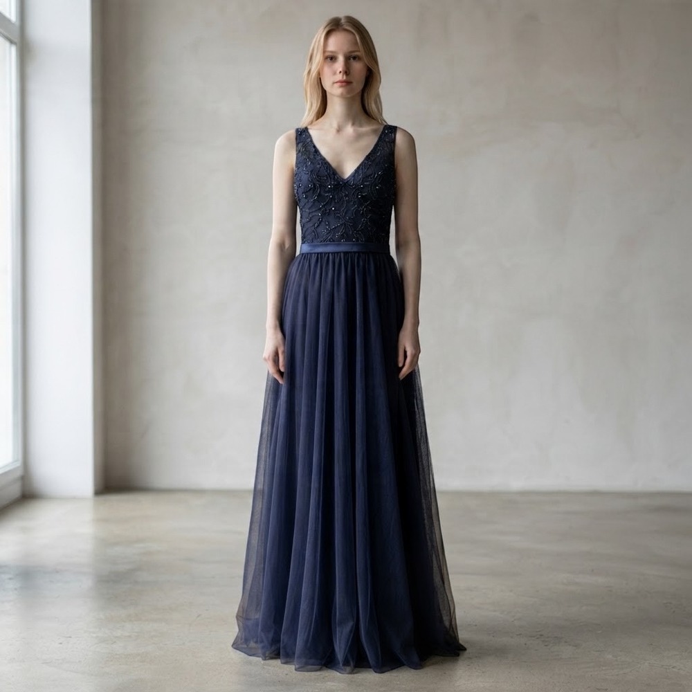 Morilee Madeline Gardner Gown Blue Embroidered Tulle Evening Dress Size 4 Glam - Picture 1 of 6